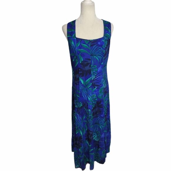 VINTAGE 90s dress blue tropical print criss cross back midi M - Picture 1 of 8